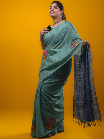 Bhagalpur fancy saree grey color allover stripes, floral weaves with contrast pallu and attached contrast blouse
