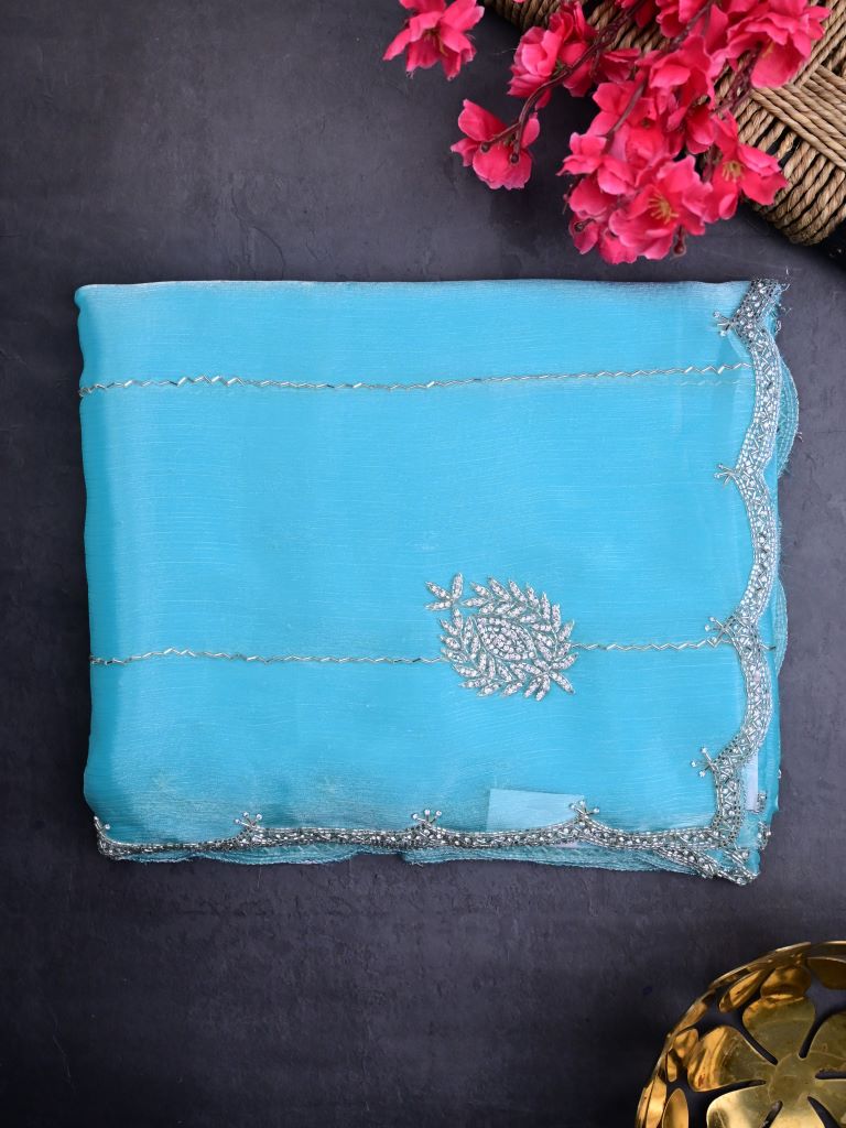 Organza shimmer fancy saree sky blue color allover stripes, embroidery motifs & embroidery border with running pallu and embroidery blouse