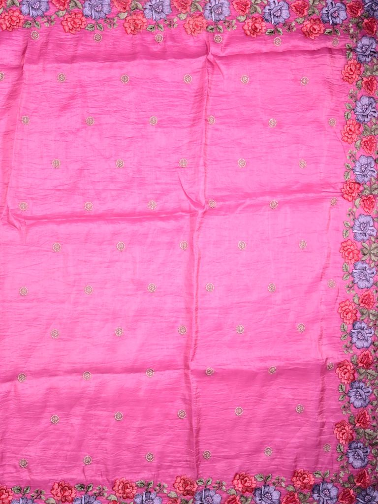 Soft organza fancy sarees magenta color allover embroidery motifs & embroidery border with running pallu and attached self blouse