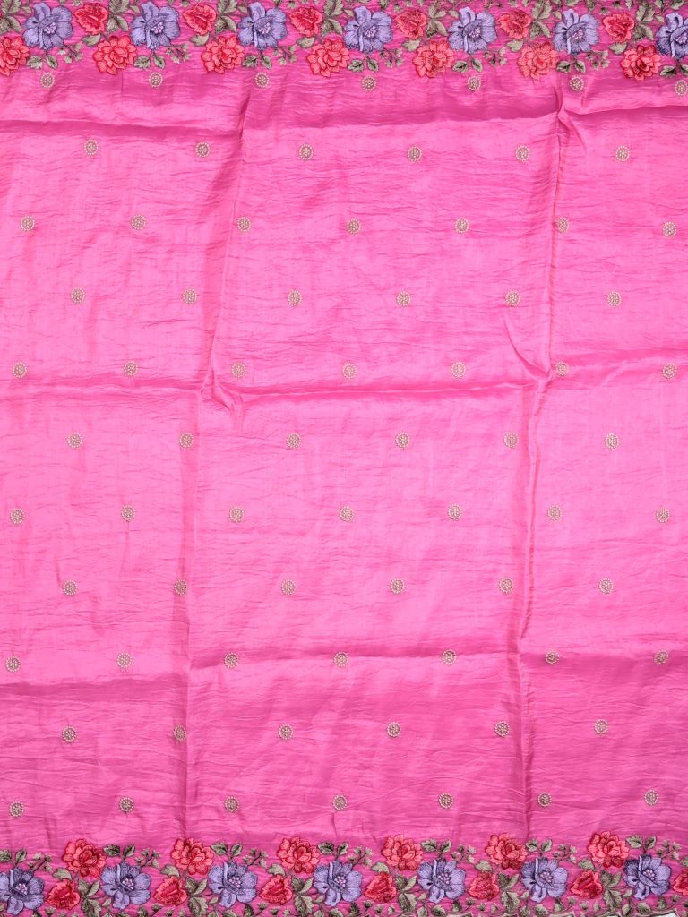 Soft organza fancy sarees magenta color allover embroidery motifs & embroidery border with running pallu and attached self blouse