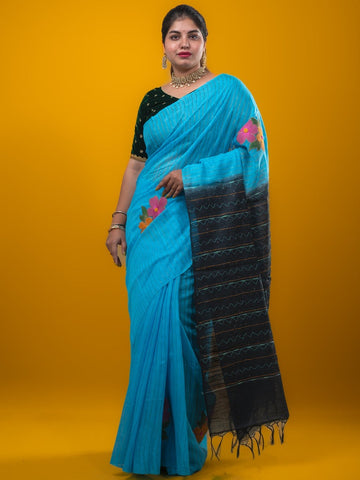 Bhagalpur fancy saree sky blue color allover stripes, floral weaves with contrast pallu and attached contrast blouse