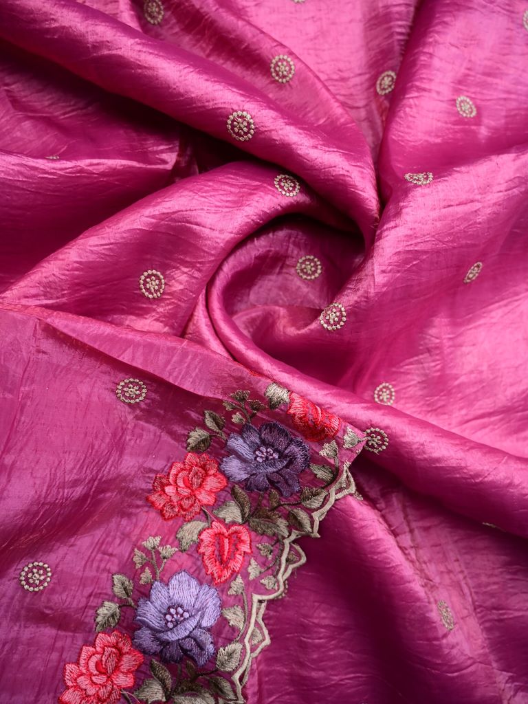 Soft organza fancy sarees magenta color allover embroidery motifs & embroidery border with running pallu and attached self blouse