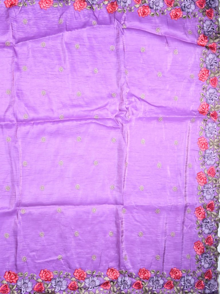 Soft organza fancy sarees purple color allover embroidery motifs & embroidery border with running pallu and attached self blouse