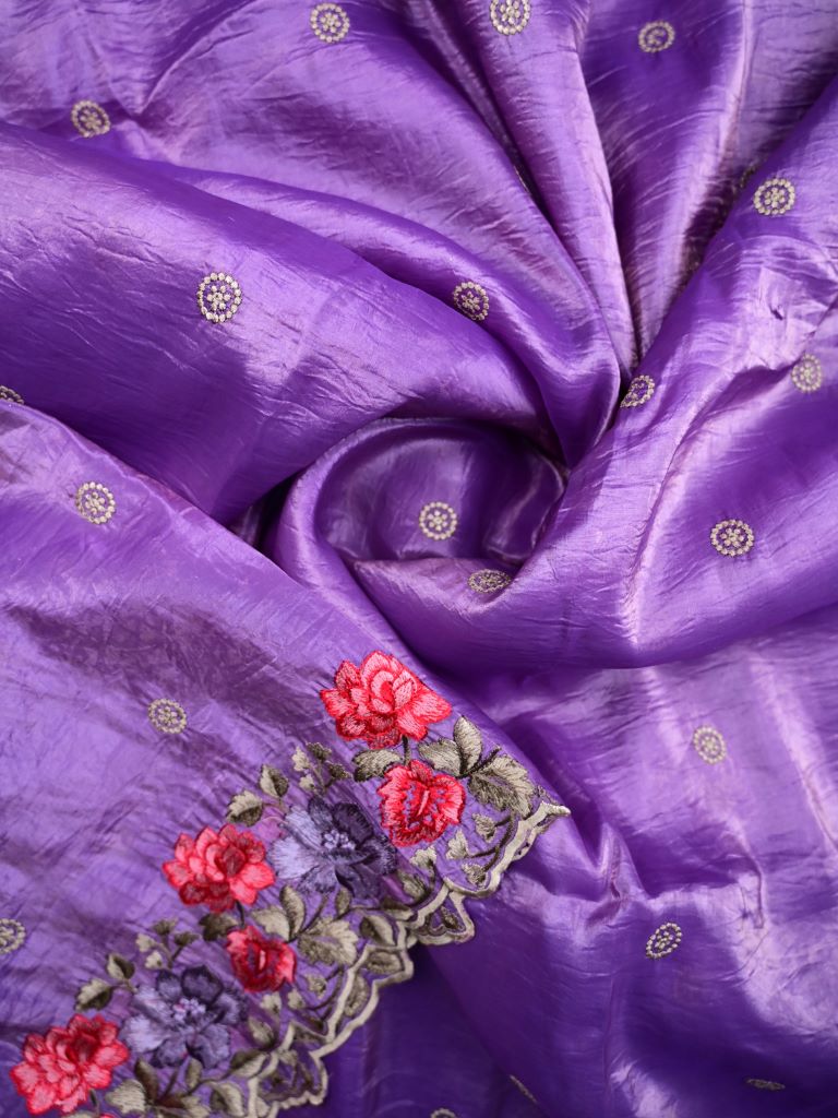 Soft organza fancy sarees purple color allover embroidery motifs & embroidery border with running pallu and attached self blouse