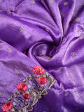 Soft organza fancy sarees purple color allover embroidery motifs & embroidery border with running pallu and attached self blouse