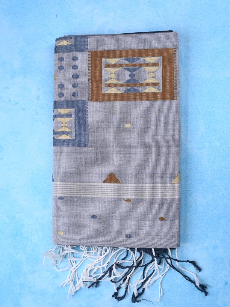 Bengali cotton saree grey color allover thread motive weaves with big pallu and blouse