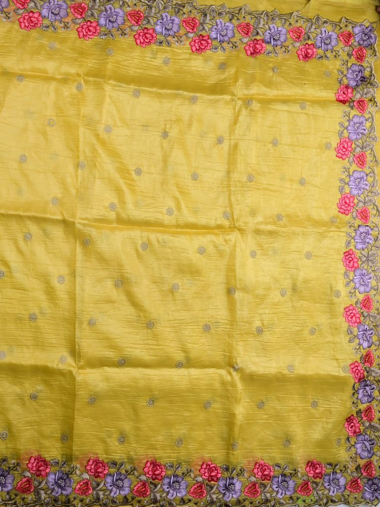 Soft organza fancy sarees golden yellow color allover embroidery motifs & embroidery border with running pallu and attached self blouse