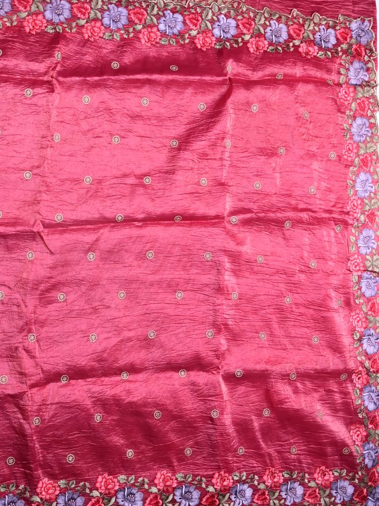 Soft organza fancy sarees maroon color allover embroidery motifs & embroidery border with running pallu and attached self blouse