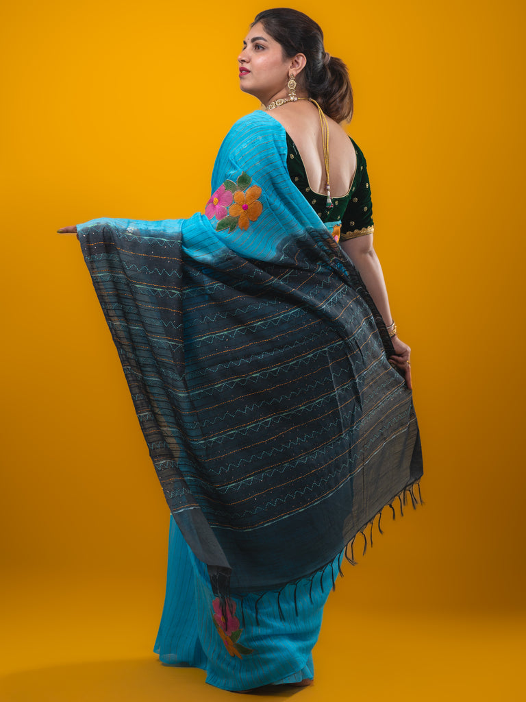 Bhagalpur fancy saree sky blue color allover stripes, floral weaves with contrast pallu and attached contrast blouse