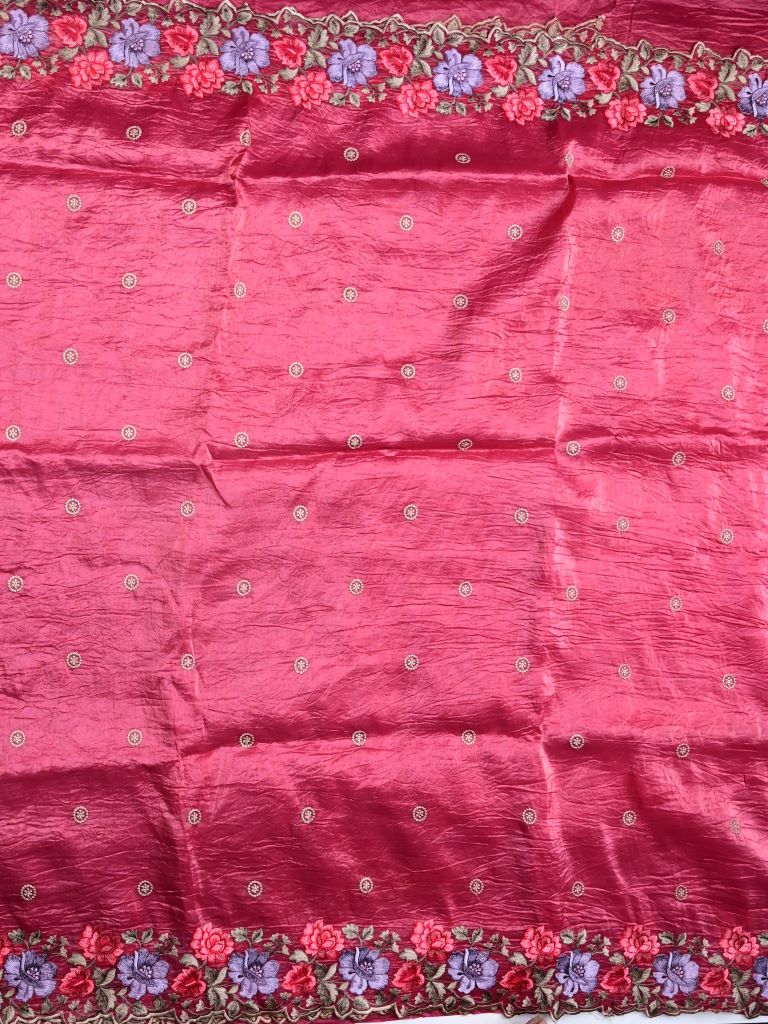 Soft organza fancy sarees maroon color allover embroidery motifs & embroidery border with running pallu and attached self blouse