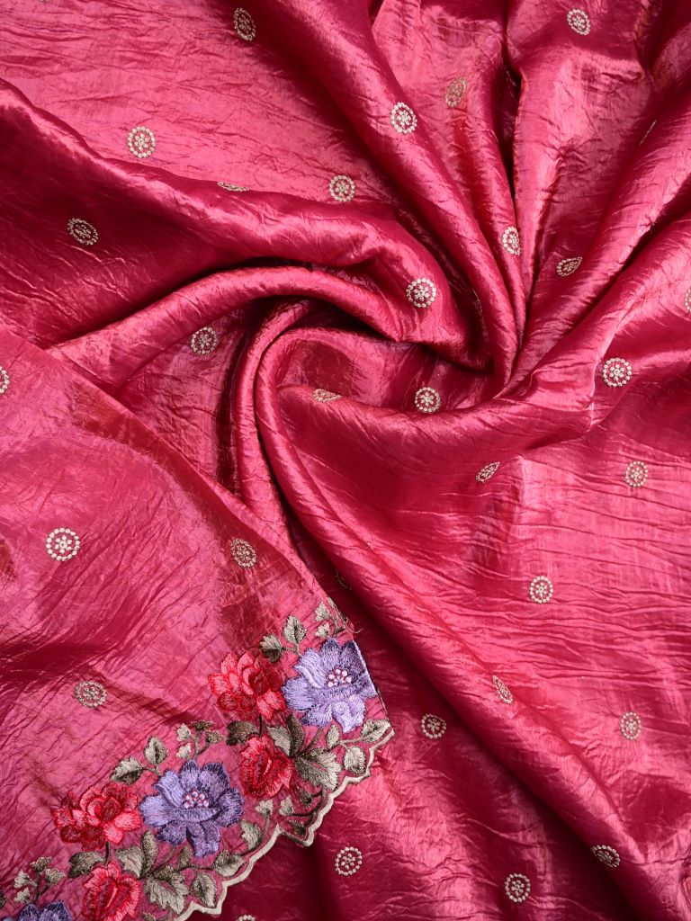 Soft organza fancy sarees maroon color allover embroidery motifs & embroidery border with running pallu and attached self blouse