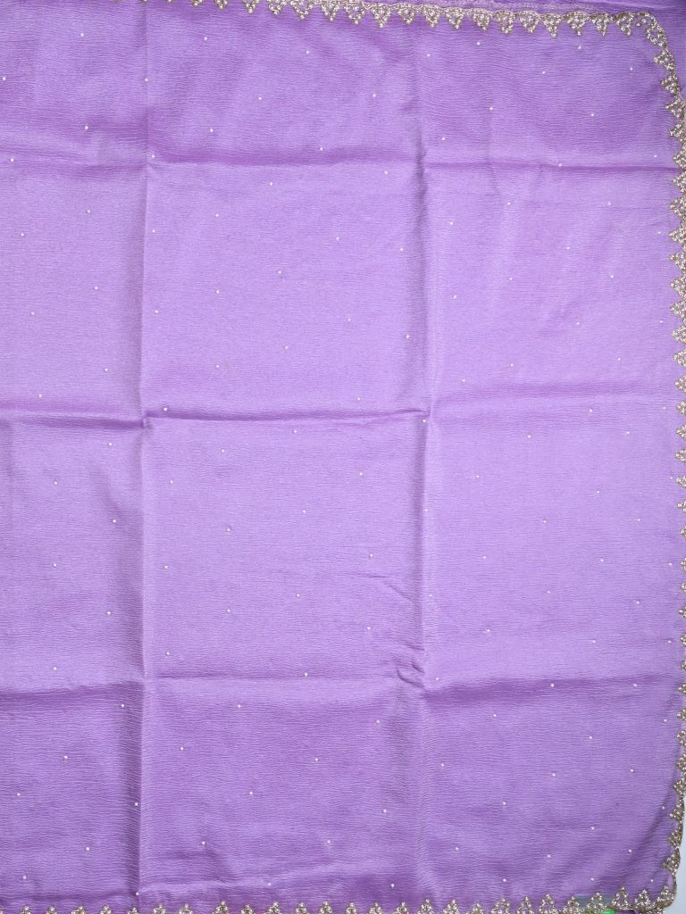 Chiffon crush fancy saree lavender color allover stone work & embroidery border with running pallu and attached self blouse