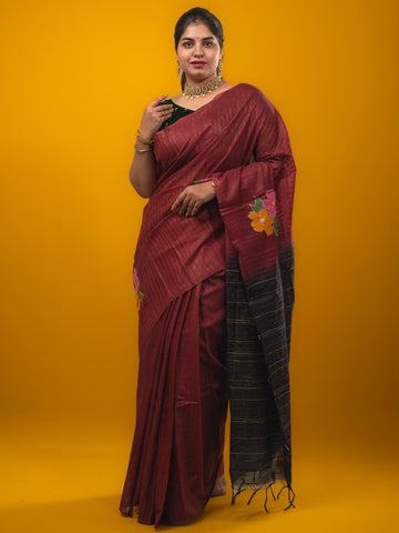 Bhagalpur fancy saree maroon color allover stripes, floral weaves with contrast pallu and attached contrast blouse