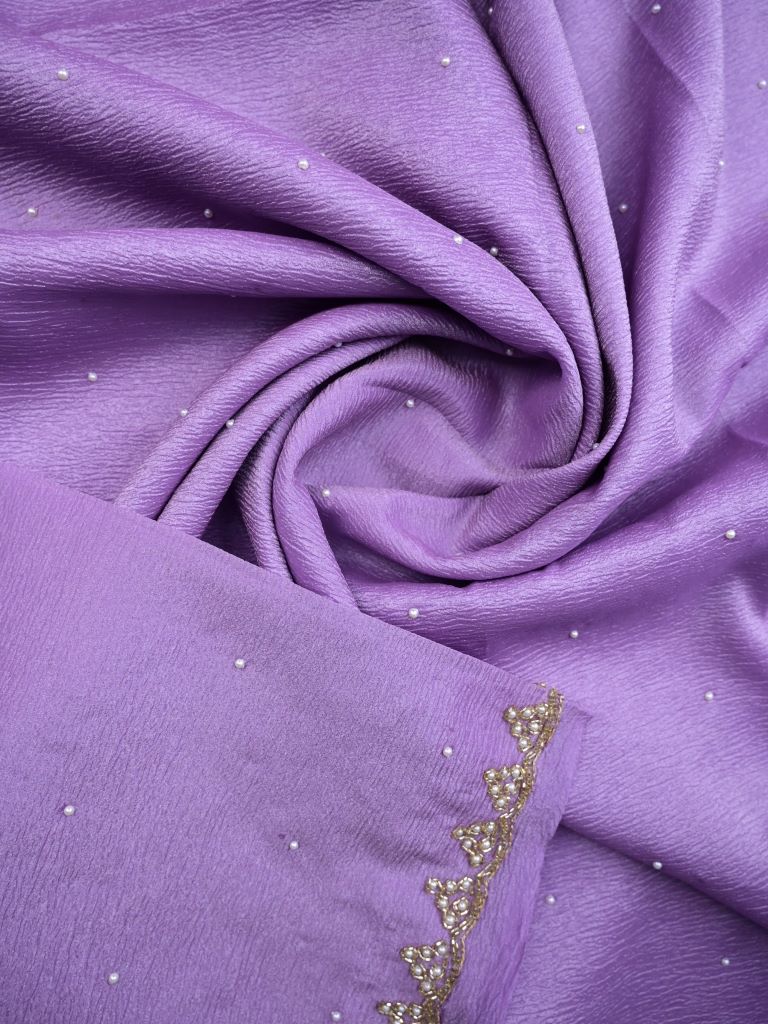 Chiffon crush fancy saree lavender color allover stone work & embroidery border with running pallu and attached self blouse