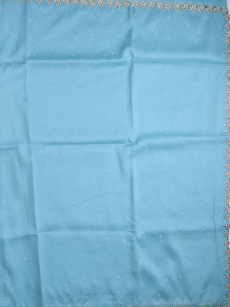 Chiffon crush fancy saree sky blue color allover stone work & embroidery border with running pallu and attached self blouse