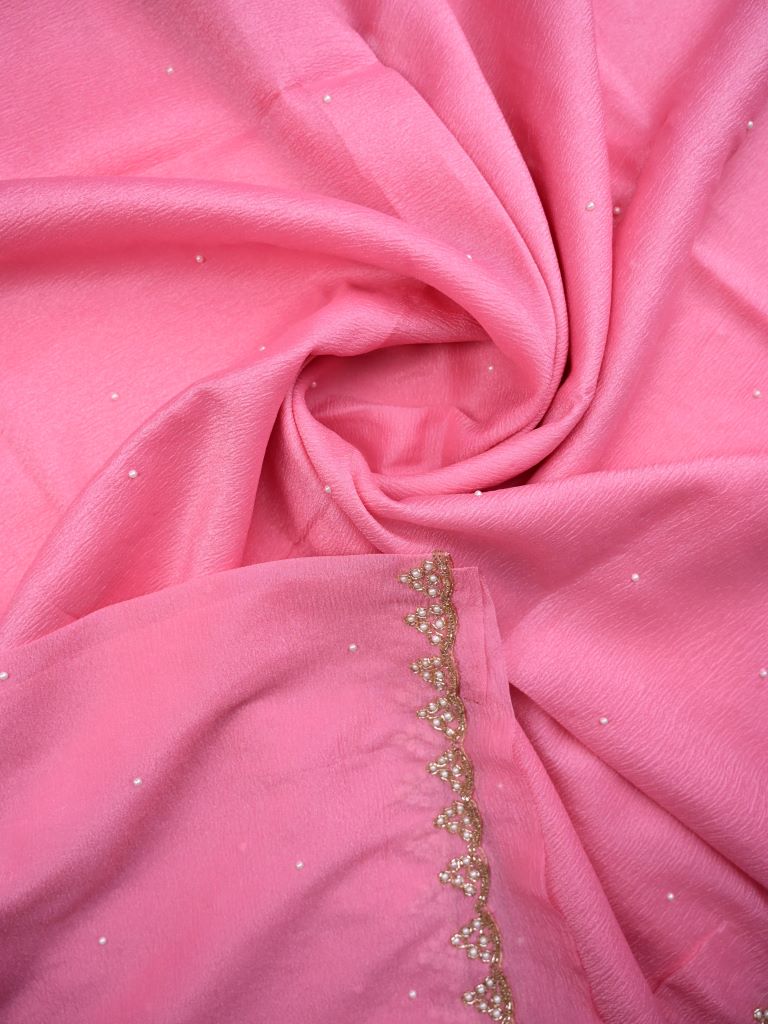 Chiffon crush fancy saree baby pink color allover stone work & embroidery border with running pallu and attached self blouse