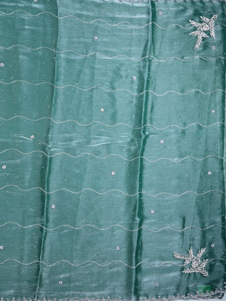 Organza shimmer fancy saree leaf green color allover embroidery motifs & embroidery border with running pallu and embroidery blouse