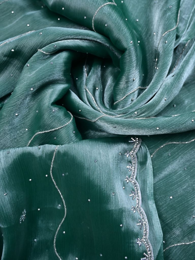 Organza shimmer fancy saree leaf green color allover embroidery motifs & embroidery border with running pallu and embroidery blouse