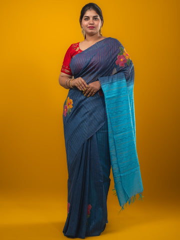 Bhagalpur fancy saree navy blue color allover stripes, floral weaves with contrast pallu and attached contrast blouse