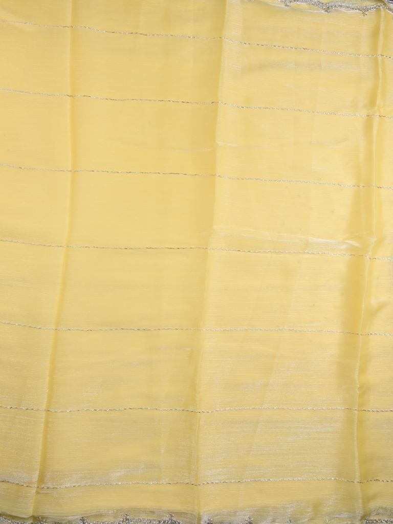 Organza shimmer fancy saree light yellow color allover stripes, embroidery motifs & embroidery border with running pallu and embroidery blouse