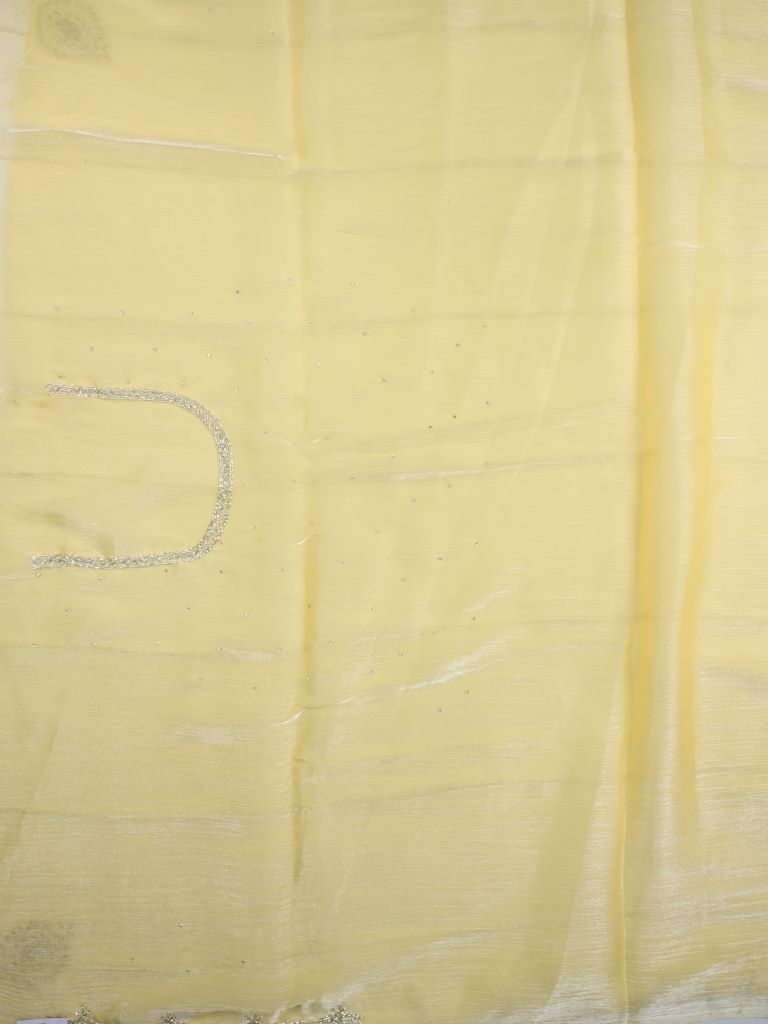 Organza shimmer fancy saree light yellow color allover stripes, embroidery motifs & embroidery border with running pallu and embroidery blouse