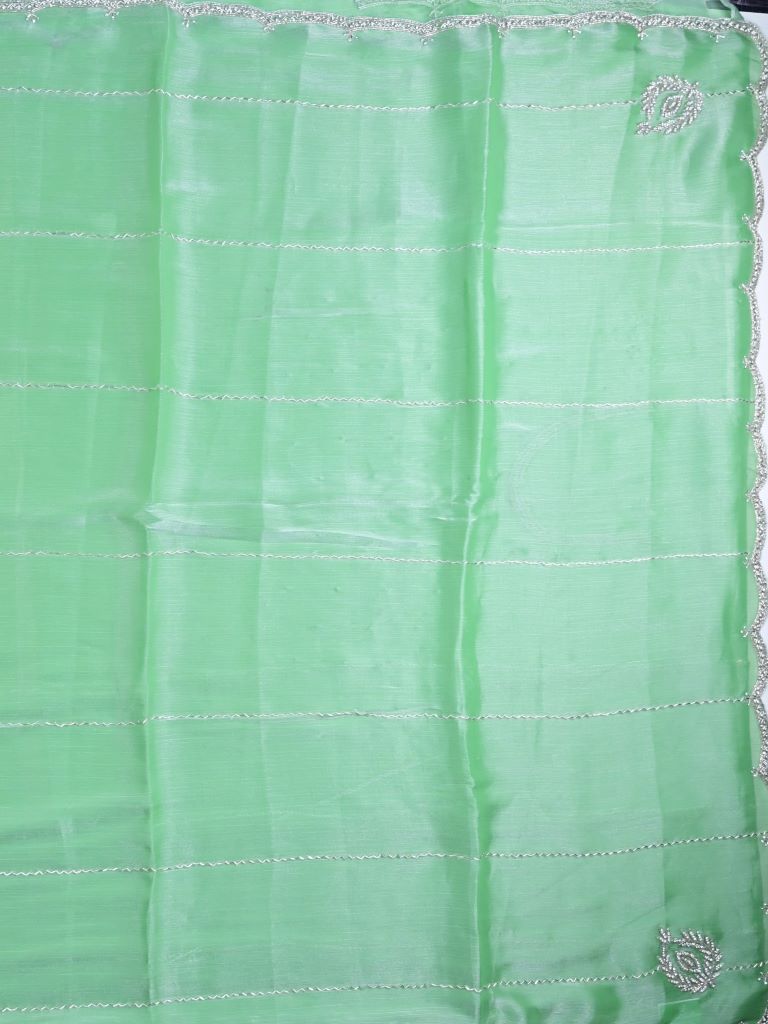 Organza shimmer fancy saree lux green color allover stripes, embroidery motifs & embroidery border with running pallu and embroidery blouse