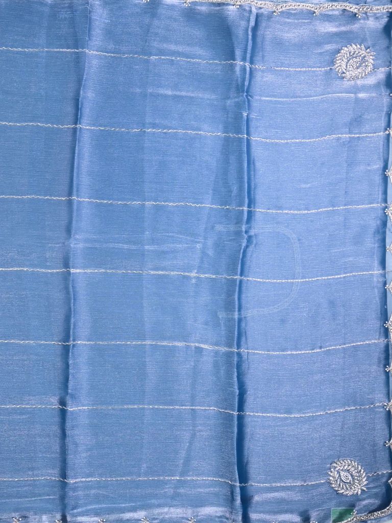 Organza shimmer fancy saree light blue color allover stripes, embroidery motifs & embroidery border with running pallu and embroidery blouse