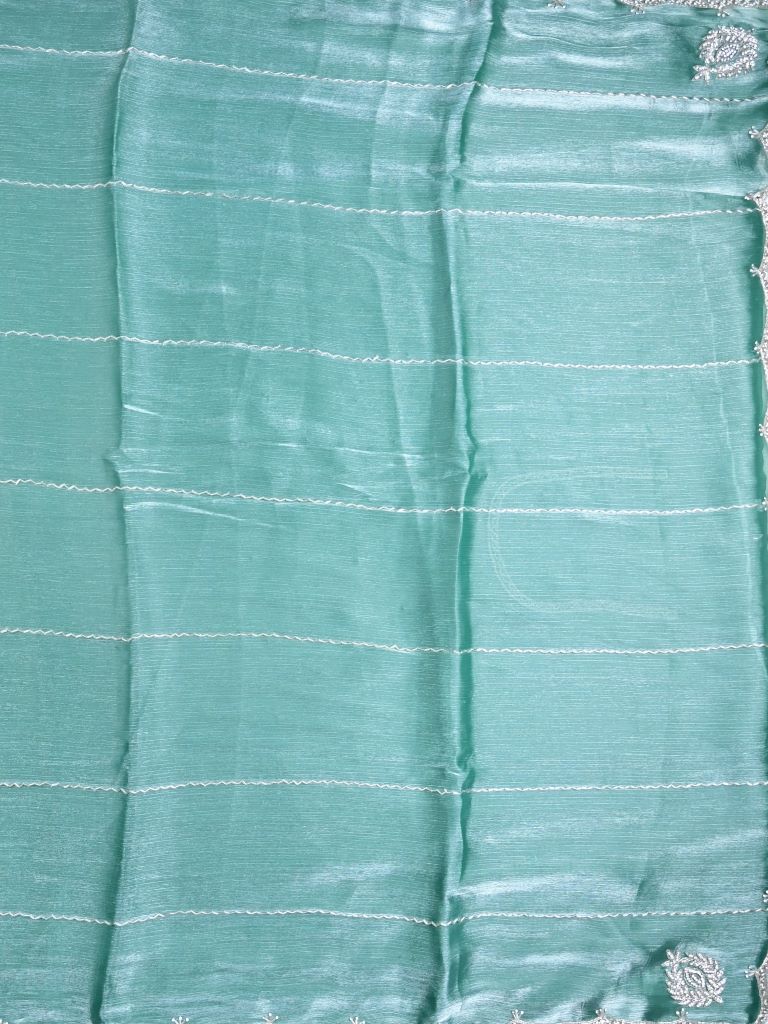 Organza shimmer fancy saree leaf green color allover stripes, embroidery motifs & embroidery border with running pallu and embroidery blouse