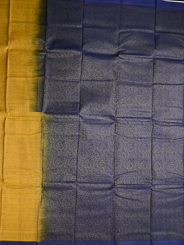 Dhaka cotton saree mustard yellow color allover checks & small border with brocade pallu and contrast blouse