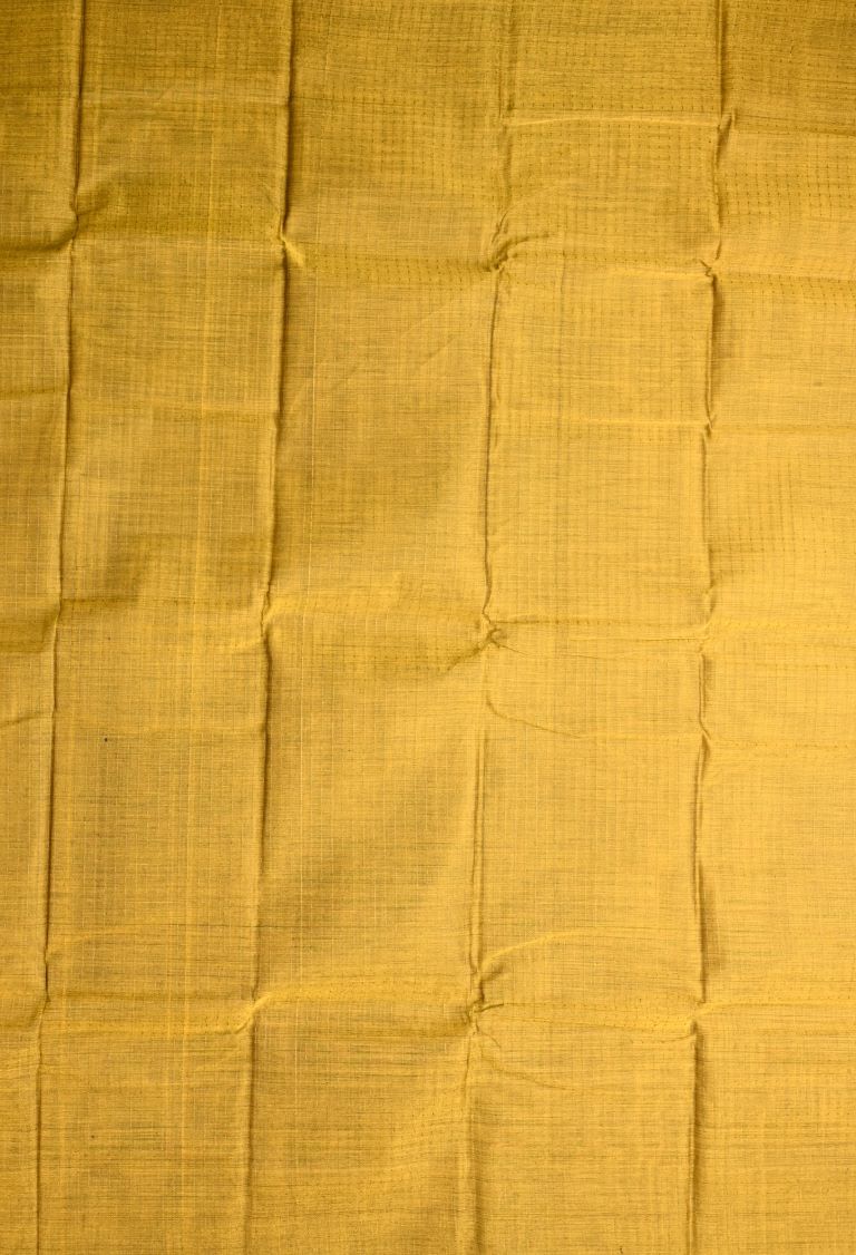 Dhaka cotton saree mustard yellow color allover checks & small border with brocade pallu and contrast blouse