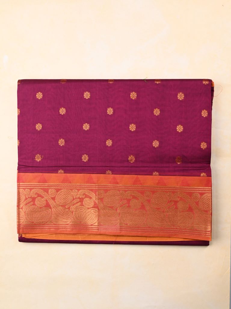 Venkatagiri cotton saree magenta color allover zari motives & zari border with rich pallu