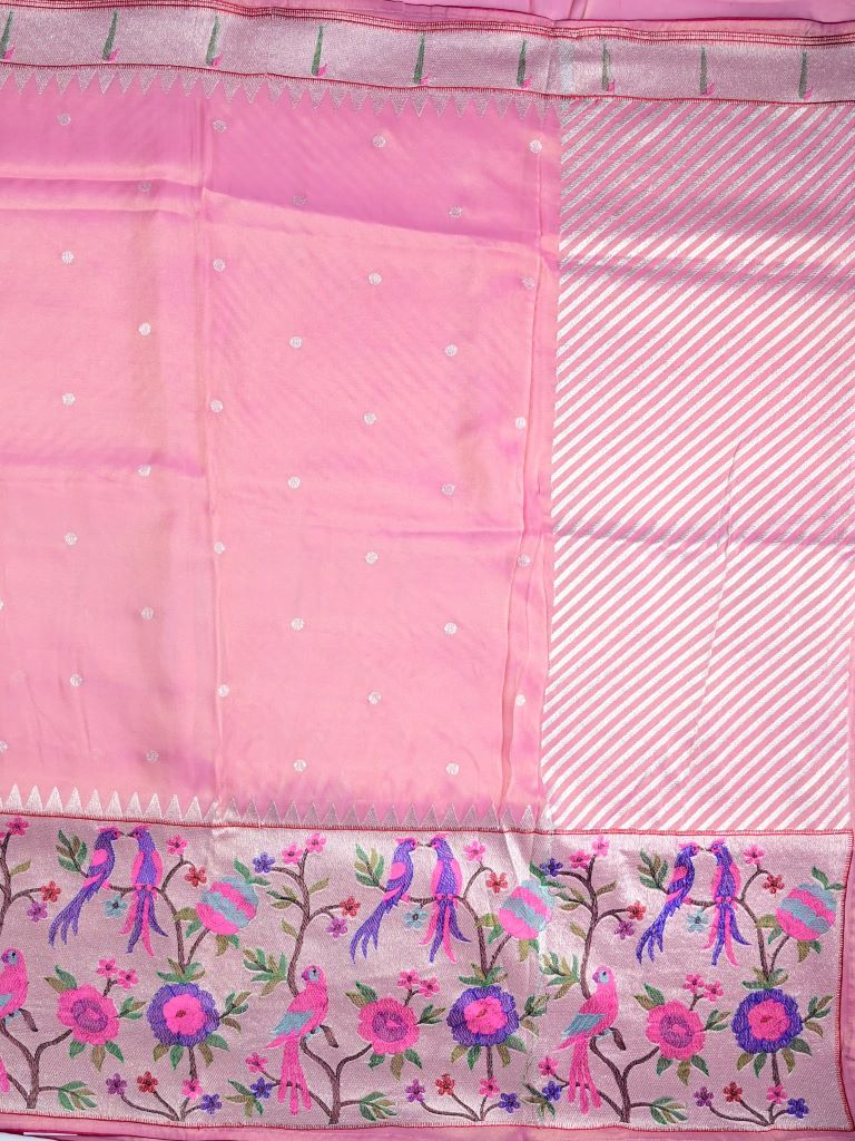 Dola tissue fancy saree baby pink color allover zari motifs & paithani border with short pallu and plain self blouse