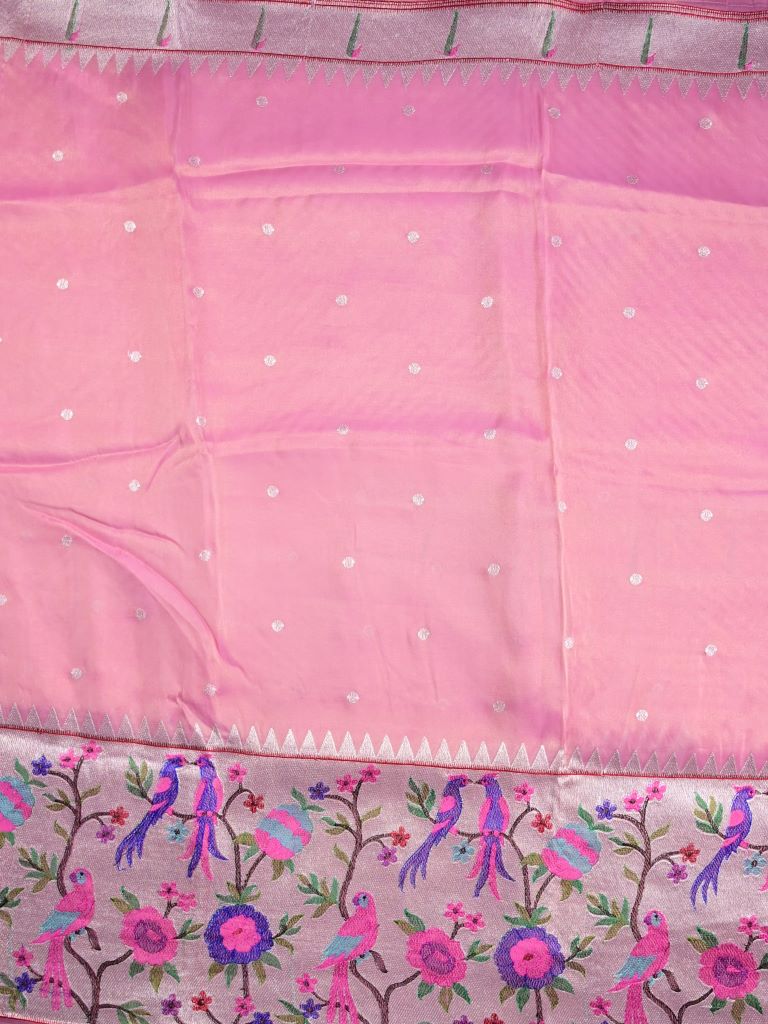 Dola tissue fancy saree baby pink color allover zari motifs & paithani border with short pallu and plain self blouse