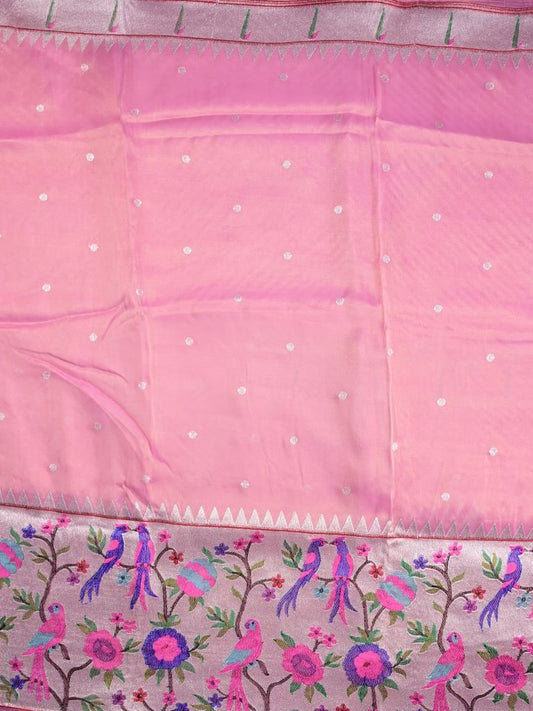 Dola tissue fancy saree baby pink color allover zari motifs & paithani border with short pallu and plain self blouse