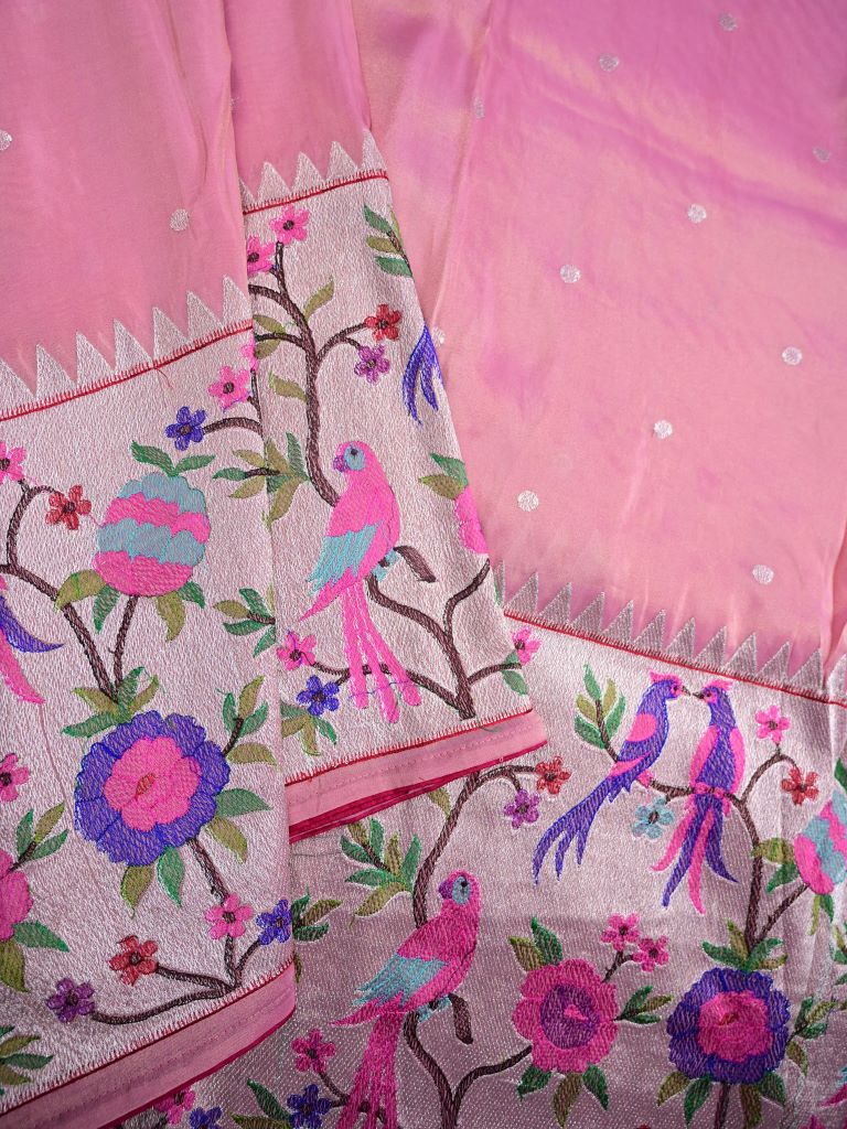 Dola tissue fancy saree baby pink color allover zari motifs & paithani border with short pallu and plain self blouse