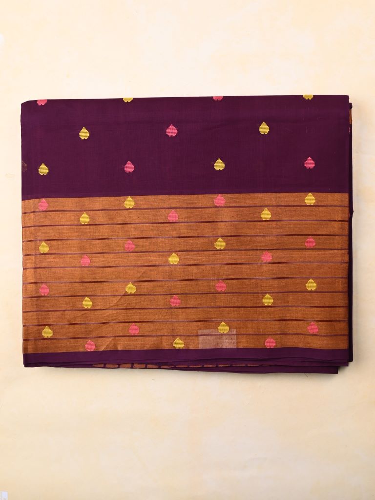 Venkatagiri cotton saree maroon color allover thread weaving motifs & big kaddi border with stripes pallu