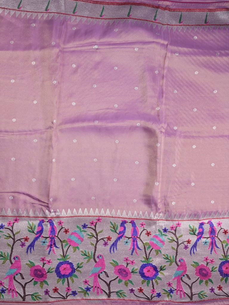 Dola tissue fancy saree light purple color allover zari motifs & paithani border with short pallu and plain self blouse