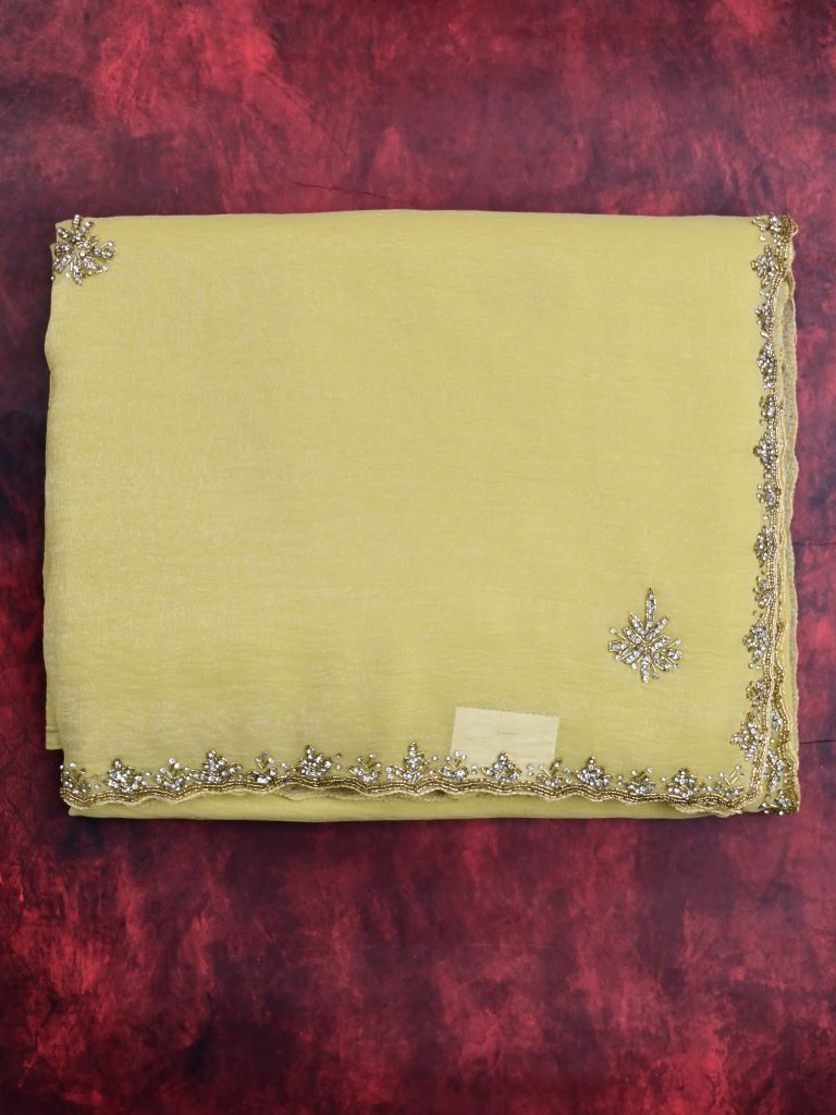 Organza shimmer light yellow color allover embroidery butis & embroidery border with running pallu and attached blouse