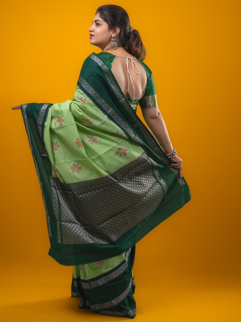 Banaras fancy saree pista green color allover zari motifs & kaddi border with contrast brocade pallu and brocade blouse