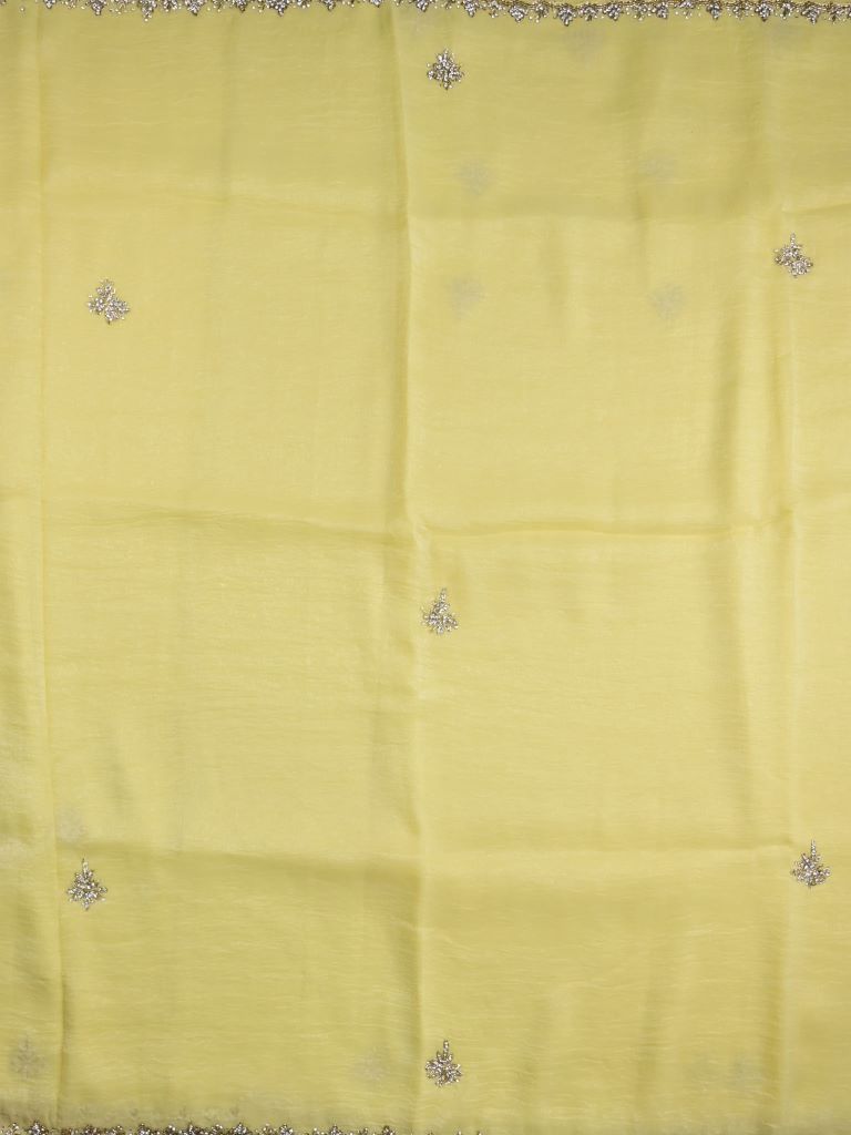 Organza shimmer light yellow color allover embroidery butis & embroidery border with running pallu and attached blouse