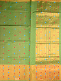 Venkatagiri cotton saree parrot green color allover thread weaving motifs & big kaddi border with stripes pallu