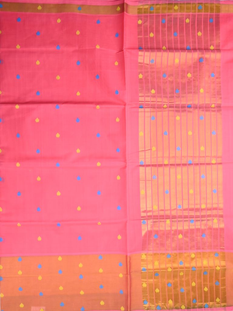 Venkatagiri cotton saree light pink color allover thread weaving motifs & big kaddi border with stripes pallu