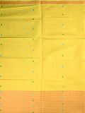Venkatagiri cotton saree lemon yellow color allover thread weaving motifs & big kaddi border with stripes pallu
