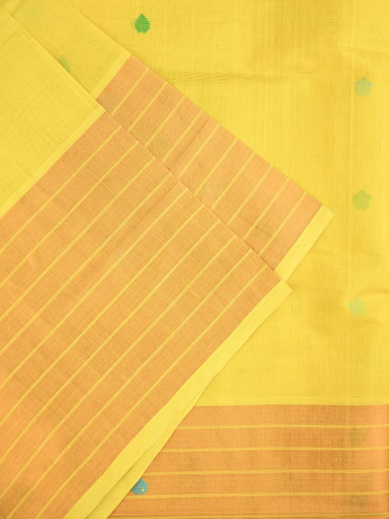 Venkatagiri cotton saree lemon yellow color allover thread weaving motifs & big kaddi border with stripes pallu