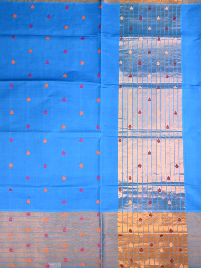Venkatagiri cotton saree blue color allover thread weaving motifs & big kaddi border with stripes pallu