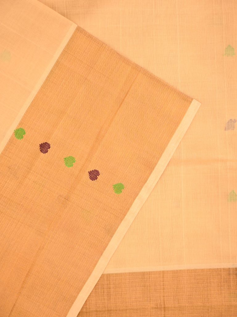 Venkatagiri cotton saree cream color allover thread weaving motifs & big kaddi border with stripes pallu