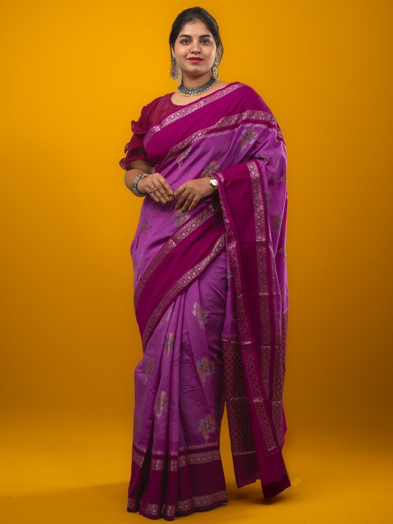 Banaras fancy saree purple color allover zari motifs & kaddi border with contrast brocade pallu and brocade blouse