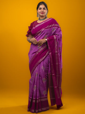 Banaras fancy saree purple color allover zari motifs & kaddi border with contrast brocade pallu and brocade blouse