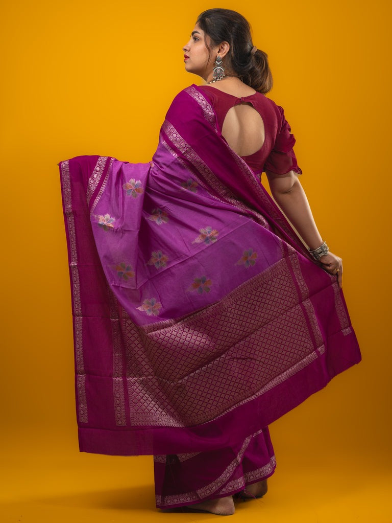 Banaras fancy saree purple color allover zari motifs & kaddi border with contrast brocade pallu and brocade blouse