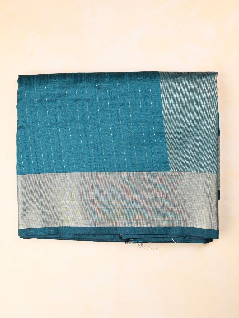 Jute fancy saree cyan blue color allover stripes & kaddi border with short pallu and attached plain blouse